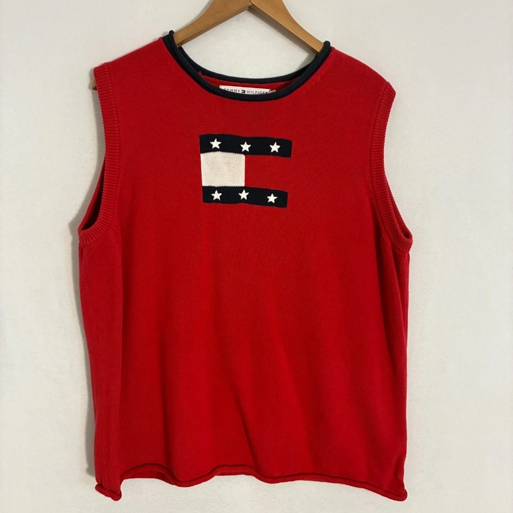 Vtg 2000s Tommy Hilfiger Knit Sweater Top Women 3X Sleeveless Center Logo Preppy